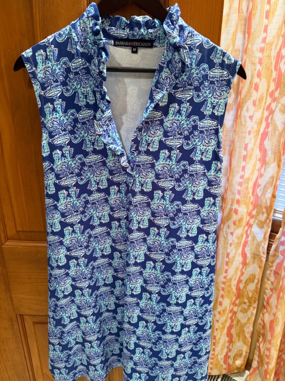Barbara Erickson  Navy Blue Elephant Printed Sleeveless V-Neck Dress